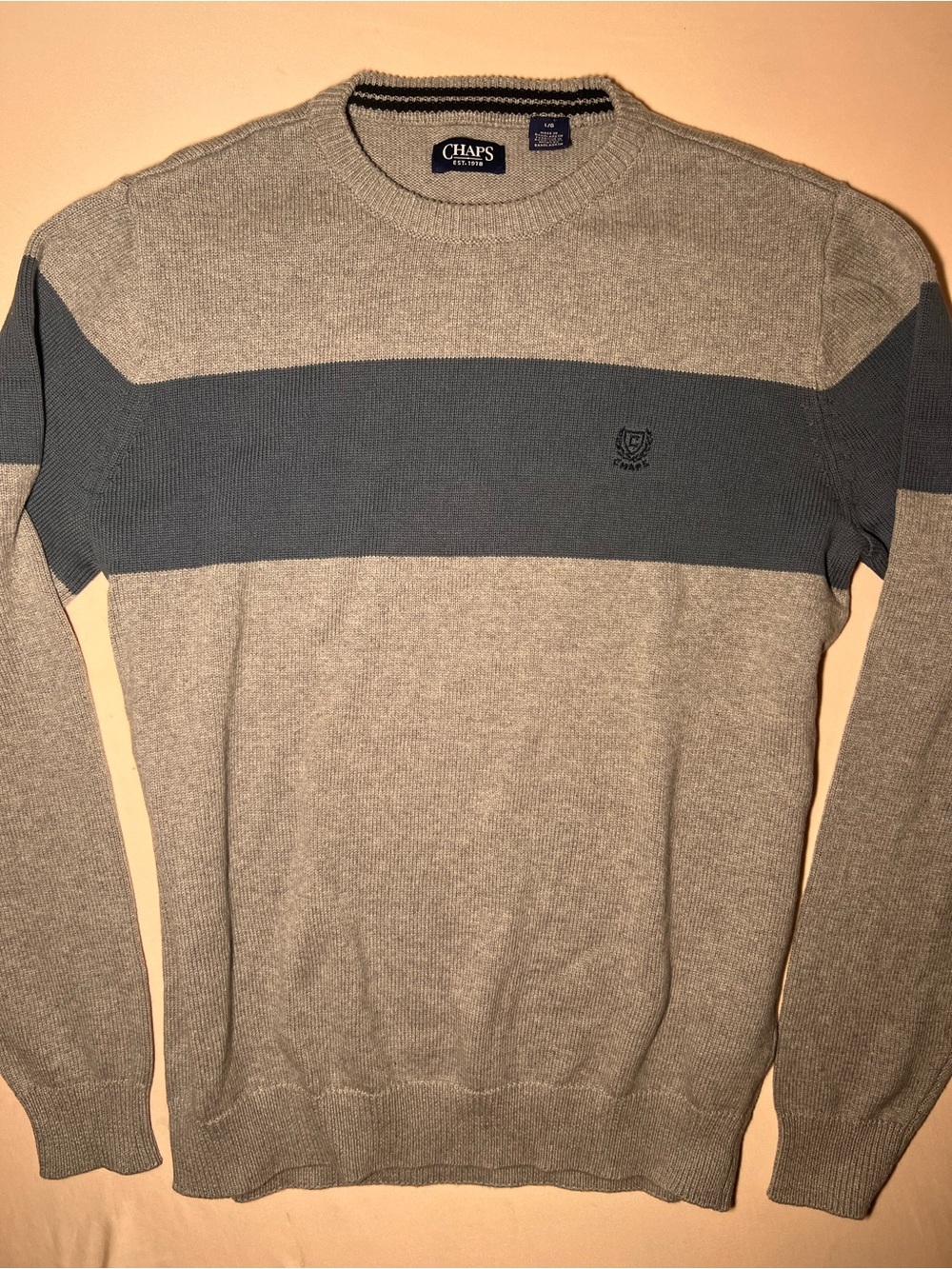 Chaps Men’s Grey Crewneck with Blue Chest Stripe